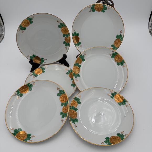 Fitz and Floyd Dessert Plates Gold Flowers with Green Leaves & Gold Trim Set/6 - Picture 11 of 12